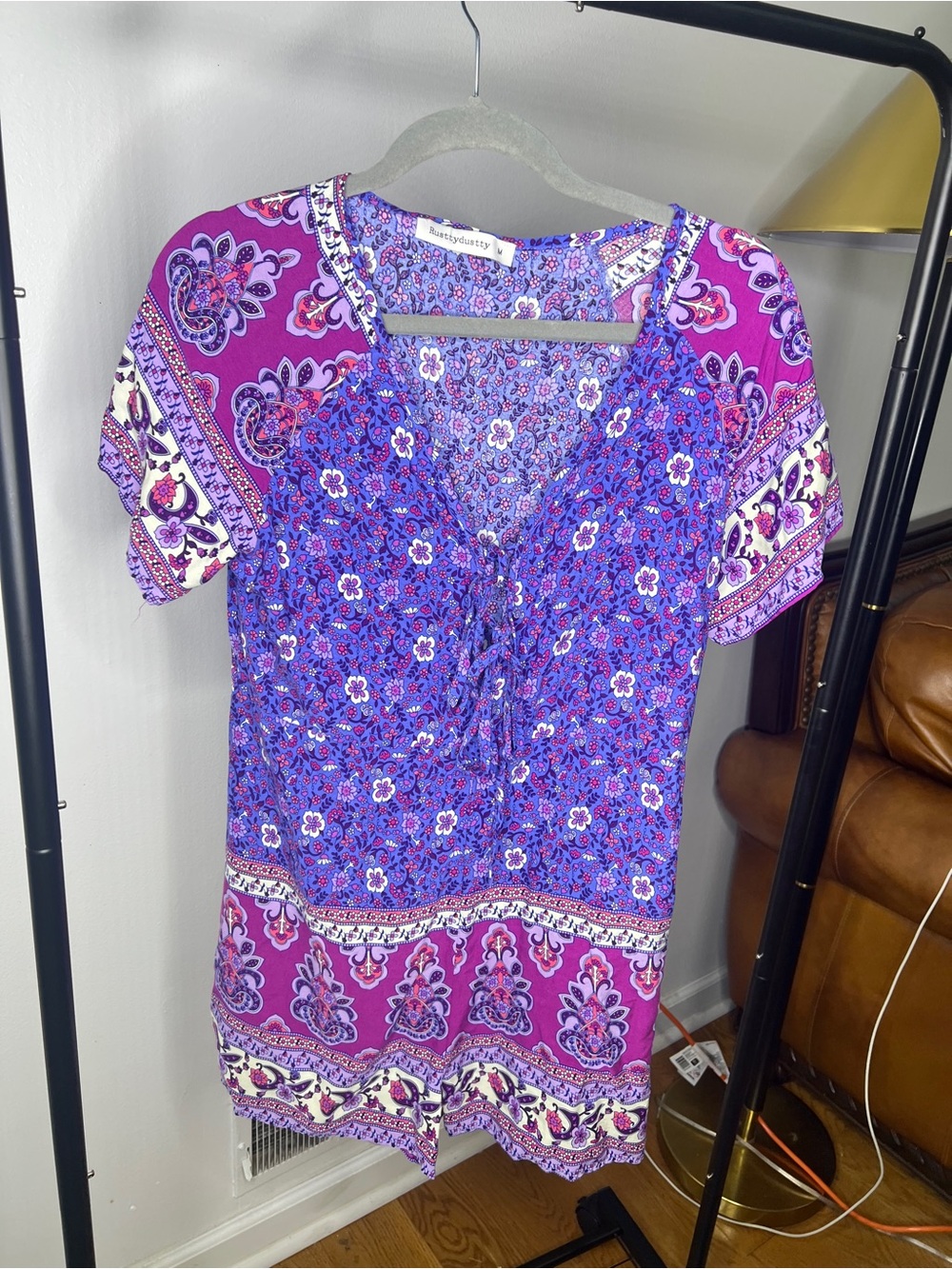 Rusttydustty Women's Purple Floral Short Sleeve romper, jumpsuit